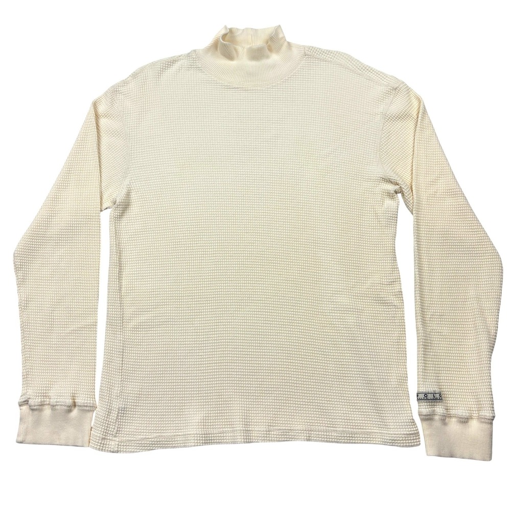 Vintage Polo Ralph Lauren Thermal Mens Large Cream Waffle Mock Neck Shirt Patch